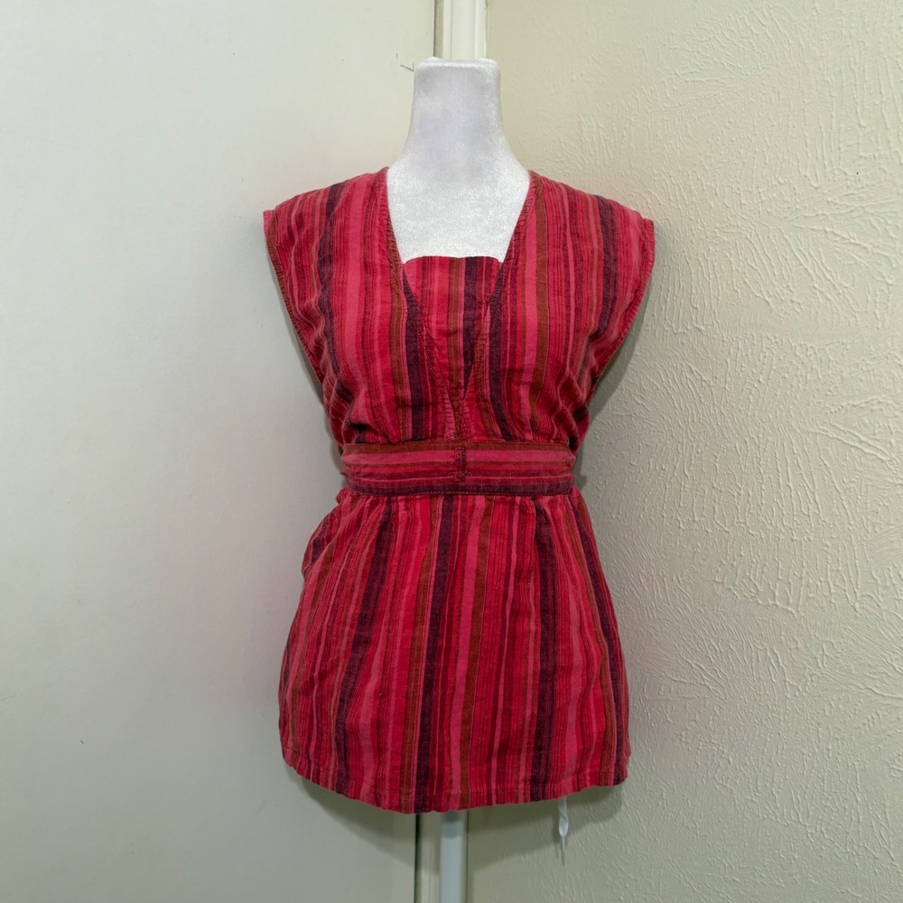 Red Pink Vetical Striped Linen Cotton Sleeveless Square Neck Tie Waist Top XL